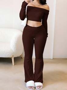 INAWLY Bộ 2 áo crop top tay dài trễ vai và quần ống loe ôm sát cho nữ, màu trơn - Cà phê nâu - Xem 4