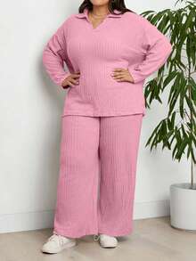 EURMUSE Plus Size Casual Loose Long Sleeve Top And Wide Leg Pants 2 Pieces Set - Baby Pink - View 6