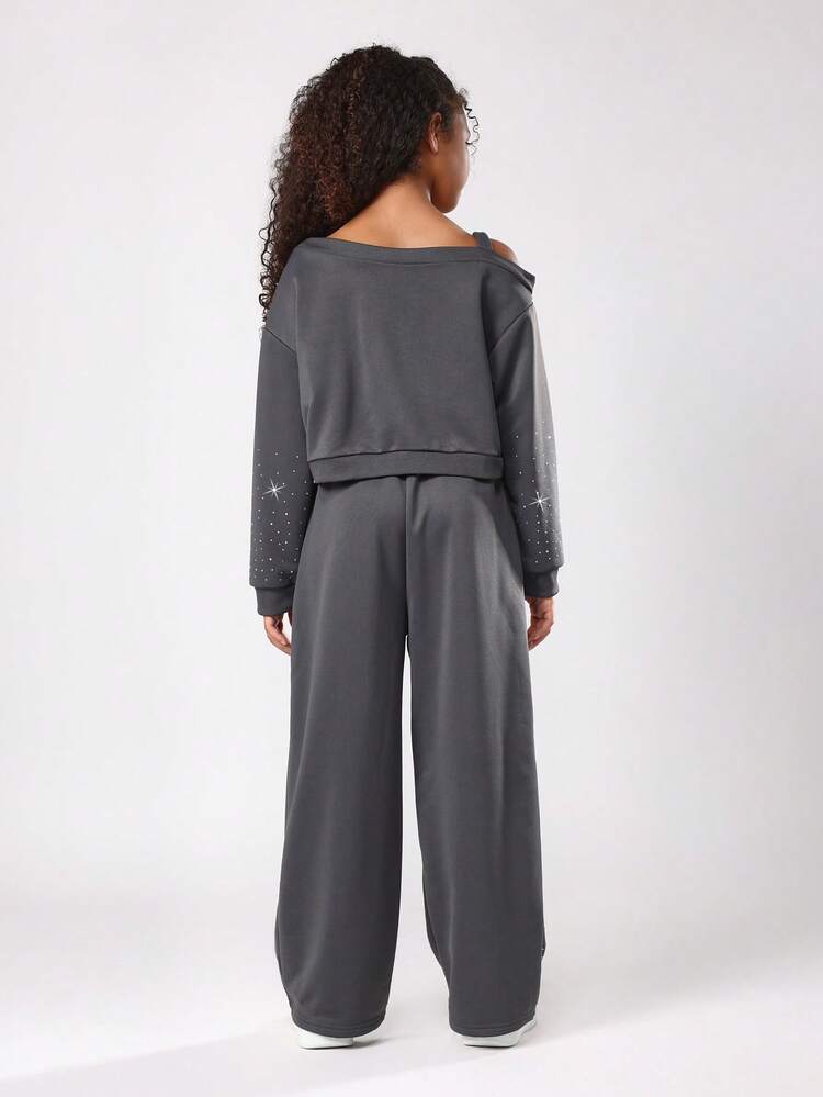 One Shoulder Sweatshirt And Wide Leg Pants With Rhinestones