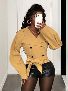 SHEIN BamGlam Áo gió tay ngắn dài cài hai hàng khuy rộng rãi cho nữ - Màu Khaki - Xem 4