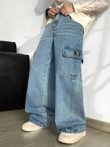 Tween Boy Fashion Casual Vintage Cool Street Patch Details Loose Comfortable And Refreshing Pocket Design Blue Cargo Loose Jeans For Dailywear And Spring To Summer Rave Festival And Streetwear - Blue - View 2