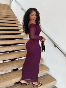 Alexandranx Romantic Off-Shoulder Mesh Twist Ruched Fitted Long Sleeve Dress For Women,Summer Dresses For Women,Tea Party Dress - Violet Purple - View 6
