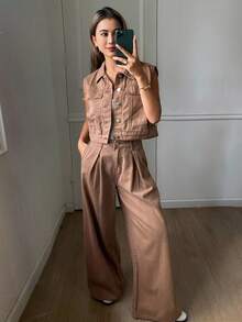 DAZY 女士休闲牛仔背心和阔腿裤套装，秋季 - 咖啡棕 - 查看 3