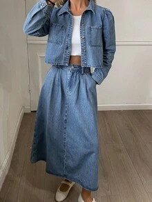 DAZY Women's Casual Washed Denim Jacket And Skirt 2-Piece Set, Autumn - Blue - View 3