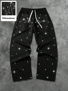 ROMWE MEN Street Life Unisex Streetwear Style Rhinestone Diamond English Text Straight Leg Sweatpants