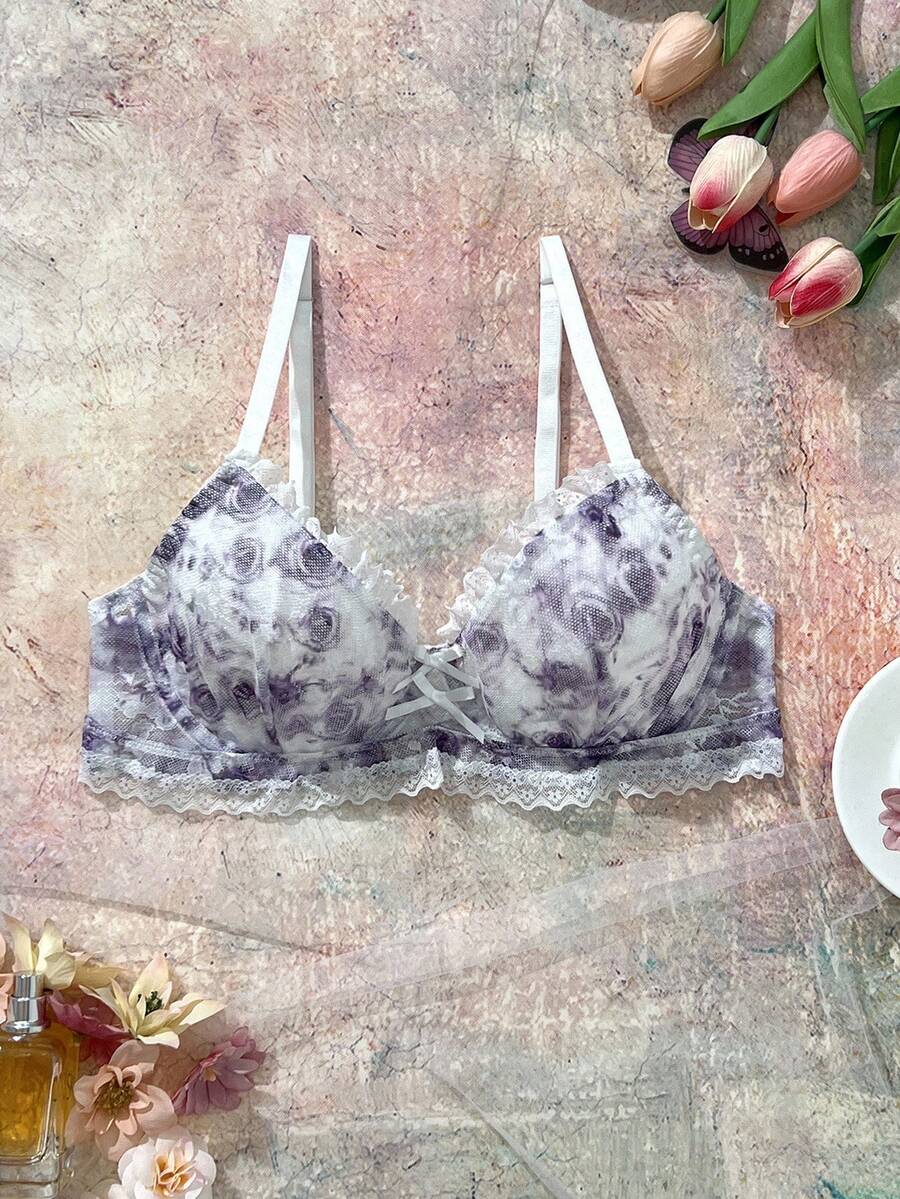Sujetador de mujer con copa moldeada, estilo romántico de campo, con diseño de encaje, parches y volantes con estampado floral - Púrpura malva - Ver 1
