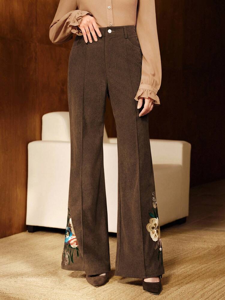 Autumn/Winter Floral Embroidered Wide Leg Women's Dress Pants, Suitable For Going Out, Elegant, Formal, Party, Chic, New Year, Christmas, Work, Graduation, Wedding