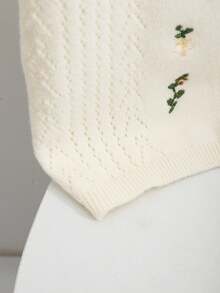 SHEIN Sweetro Autumn/Winter Bowknot Strap Khaki Embroidered V-Neck Cute Retro Knitted Cardigan Vest - White - View 5