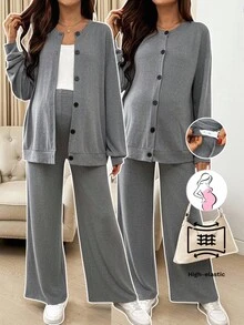 SHEIN Bộ đồ bầu 2 món: Áo khoác dài tay trễ vai màu trơn và quần cạp chun điều chỉnh, trang phục thường ngày cho mùa thu - Xám - Xem 8