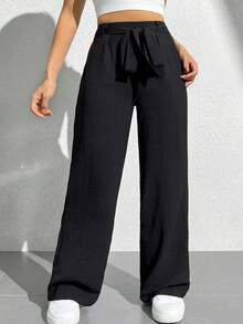 SHEIN PETITE 純色高腰扣帶寬腿褲 - 黑色 - 查看 5