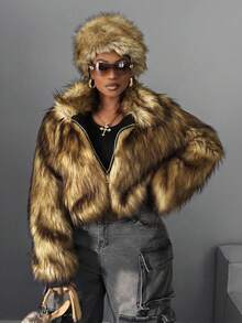 Maweii Plus Size Women Faux Fur Lapel Zip-Up Waist Cinched Short Jacket, Rugged Outerwear, Brown, Autumn/Winter - Brown - View 1