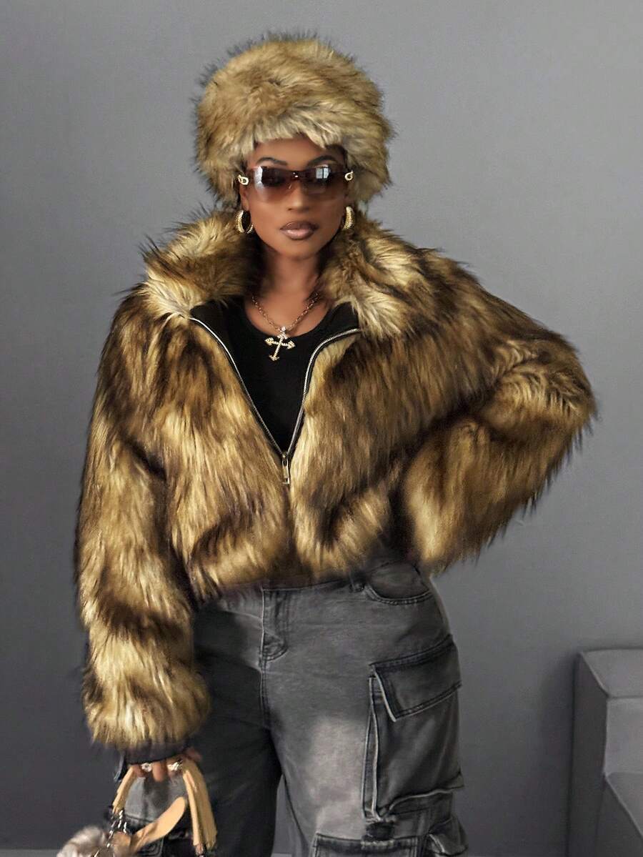 Maweii Plus Size Women Faux Fur Lapel Zip-Up Waist Cinched Short Jacket, Rugged Outerwear, Brown, Autumn/Winter - Brown - View 1