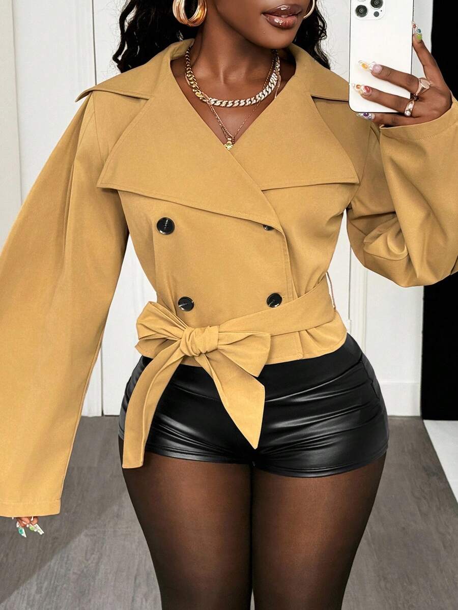 SHEIN BamGlam Áo gió tay ngắn dài cài hai hàng khuy rộng rãi cho nữ - Màu Khaki - Xem 1