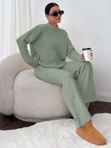 EURMUSE 2pcs Solid Color Knitted Sweater And Pants Set, Casual For Autumn/Winter - Mint Green - View 3
