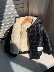 SHEIN 男婴/女婴加厚连帽拼色拉链棒球夹克，适合秋冬季休闲穿着、户外、玩雪 - 黑色 - 查看 7
