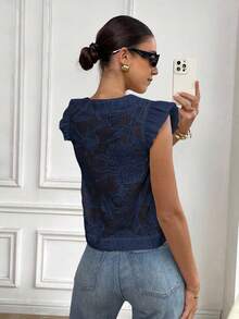 Serisse Women's Solid Color Ruffle Front Button Round Neck Casual Shirt Summer - Navy Blue - View 2