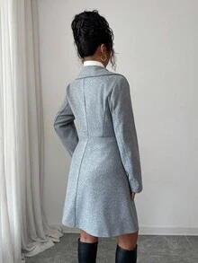 SHEIN PETITE 女士休闲翻领羊毛混纺修身长袖喇叭裙式外套，女士优雅冬季外套，适合秋冬季节、日常穿着、感恩节等场合。 - 灰色 - 查看 2