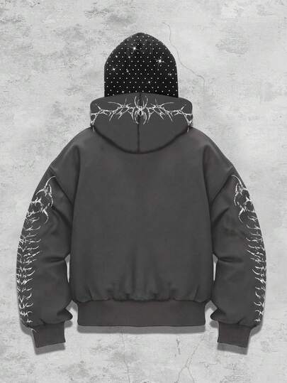 Anime Chaqueta con capucha con cremallera y estilo oscuro, con adornos de rhinestone, para hombres, para el otoño