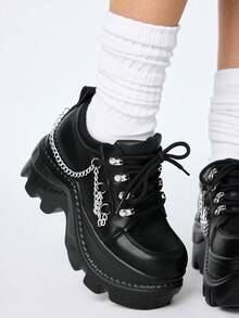ROMWE Grunge Punk Giày Gothic buộc dây kiểu Punk Rock Y2K màu tối dành cho nữ, Giày lười màu đen, Giày da Mary Jane nhỏ buộc dây, Giày công sở trang trọng, Giày cao gót đế xuồng & đế xuồng, Giày Halloween - màu đen - Xem 3