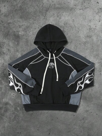 Street Life Men's Hooded Sweatshirt, Contrast Color Patchwork English Graphic Print, Street Style American Hoodie, Autumn/Winter