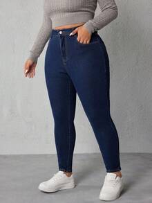 SHEIN ICON Plus Size Women Casual Versatile Button Skinny Jeans