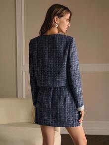 MOTF PREMIUM TWEED BUTTON UP JACKET & FAUX PEARL TRIM SKIRT OUTFIT - Navy Blue - View 7