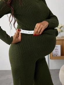 SHEIN 孕妇纯色长袖毛衣和可调节腰围针织裤休闲套装，秋冬 - 軍綠色 - 查看 6