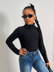 SHEIN SLAYR Tween Girl Tween Girls Brand Promotion - High Neck Ribbed Long Sleeve Knit Top With Buttons 3 Pice Fall Winter - Multicolor - View 7