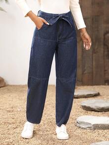 SHEIN LUNE Women's Solid Color Pocket Straight Leg Tie Waist Casual Jeans - Blue - View 5
