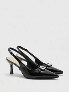 CUCCOO BIZCHIC Women's Solid Color Stiletto Heels Bowknot Rhinestone Pointed Toe Pumps - Black - View 6