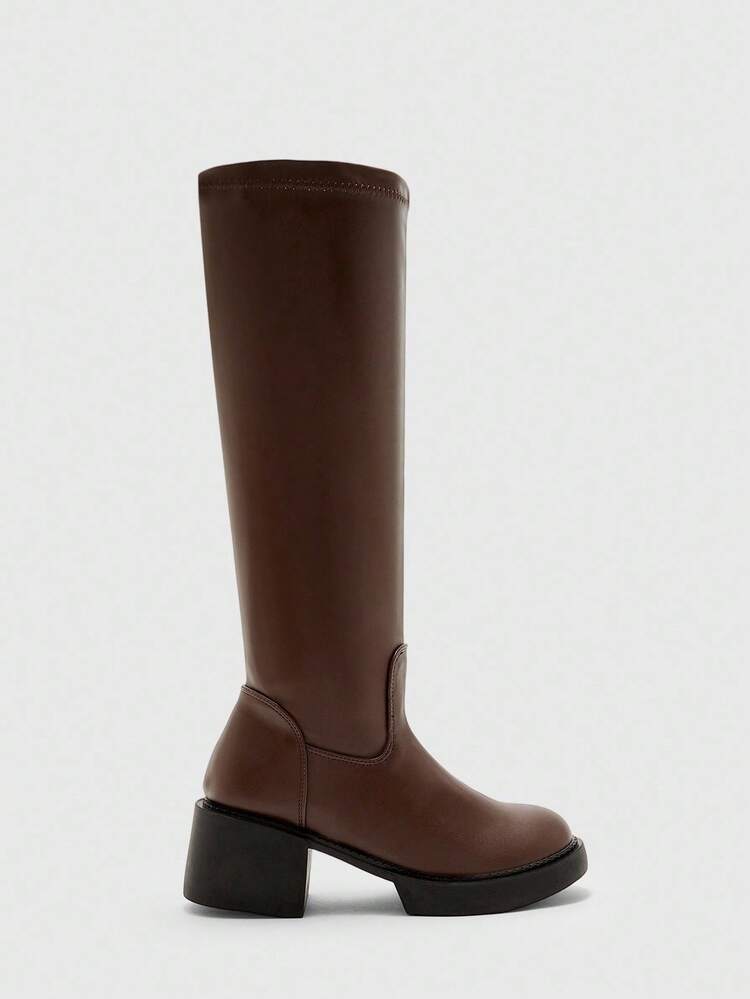 CUCCOO BIZCHIC Women's New Fashion Commuter Casual Lace-Up Buckle Thick Heel British Rider Motorcycle Mid-Calf Boots