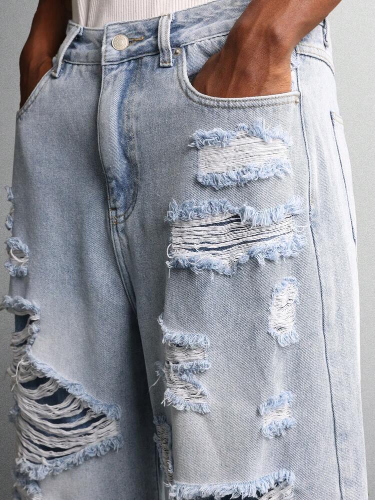 Wide Leg Baggy Jeans With Distressed Details