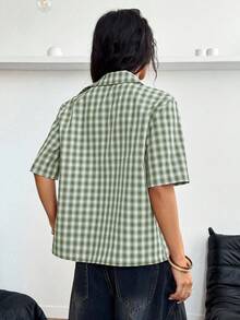StreetHx Streetwear 女式格子拉链口袋短袖衬衫 - 綠色 - 查看 2