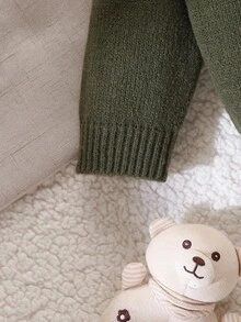 SHEIN 少女可爱荷叶边刺绣撞色针织开衫 - 軍綠色 - 查看 10
