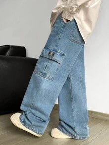 Tween Boy Fashion Casual Vintage Cool Street Patch Details Loose Comfortable And Refreshing Pocket Design Blue Cargo Loose Jeans For Dailywear And Spring To Summer Rave Festival And Streetwear - Blue - View 6
