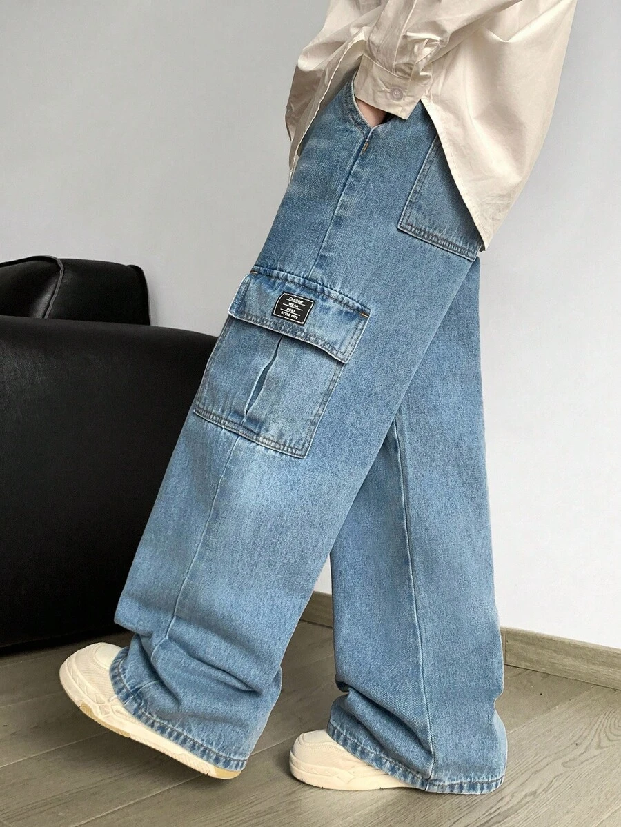 SHEIN Tween Boy Fashion Casual Y2k Vintage Cool Street Returns To School College Patch Details Basic And Simple Pocket Design Blue Denim Loose Workwear Jeans For Soft Dailywear And Winter And Fall Rave Festival And Streetwear School - Blue - View 1