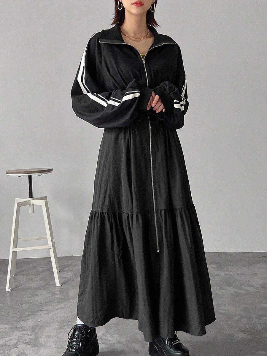 FRIFUL 1 buah Gaun Panjang Maxi Wanita Motif Garis-garis Blok Warna dengan Hiasan Ruffle di Bagian Bawah dan Resleting Depan, Gaun Santai untuk Perjalanan Musim Gugur Hitam Putih - Hitam - View 1