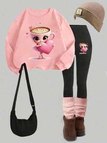 Bộ quần áo cho bé gái gồm áo nỉ cổ tròn lông xù màu tím và quần legging, phong cách trẻ trung, phù hợp đi học, mùa thu, mầm non, sinh nhật, cho bé - Hồng - Xem 3
