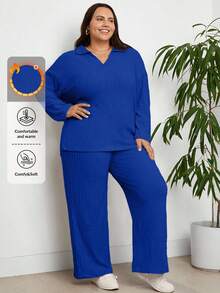 EURMUSE Ensemble 2 pièces grande taille, Top ample à manches longues et pantalon large - bleu indigo - Voir 1