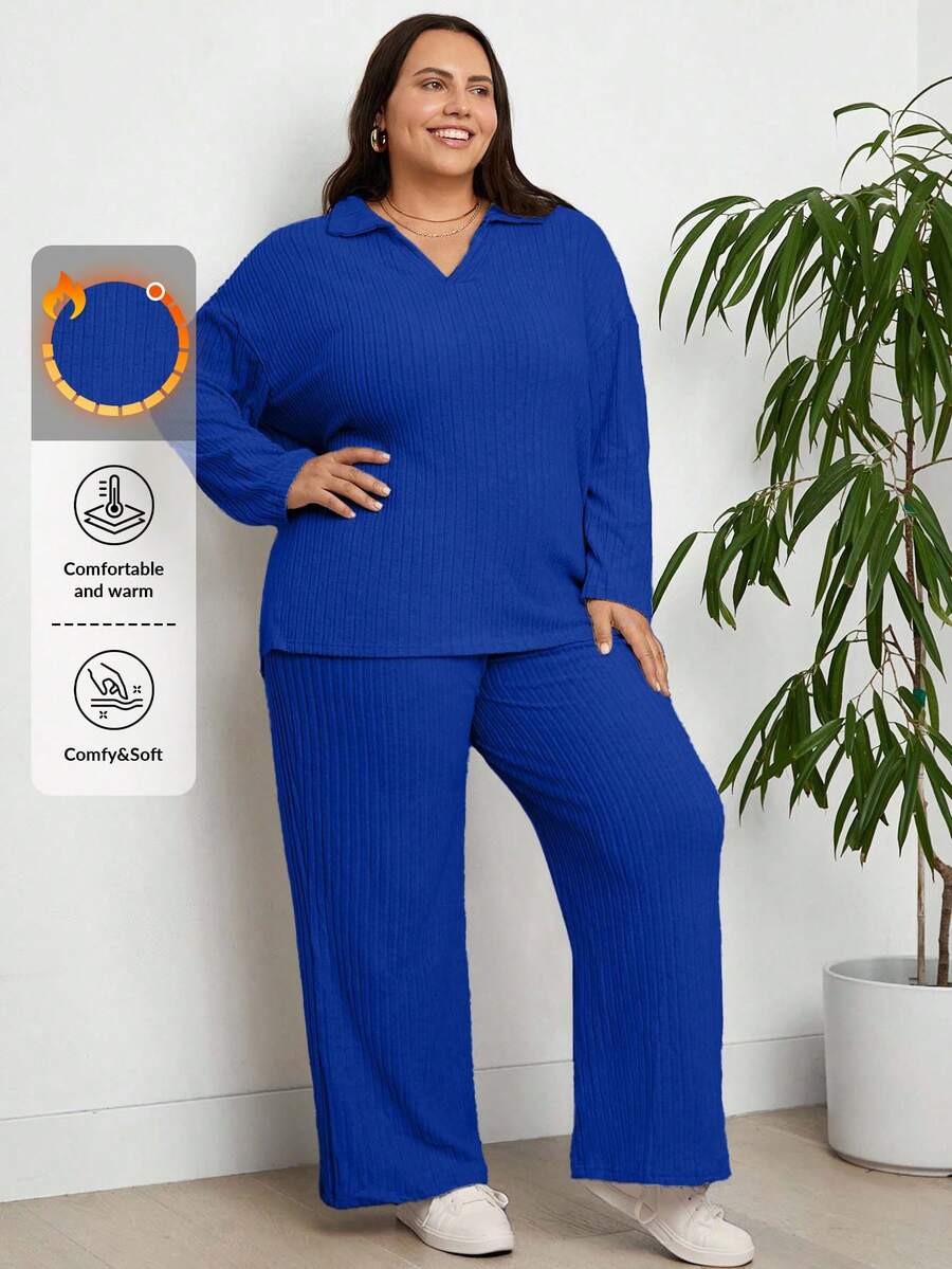 EURMUSE Ensemble 2 pièces grande taille, Top ample à manches longues et pantalon large - bleu indigo - Voir 1