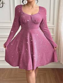 Flirla Plus Size Women's Elegant Lace & Metallic Thread Long Sleeve Party Dress Party Gathering Dance Date Dinner Party Banquet - Dusty Pink - View 6