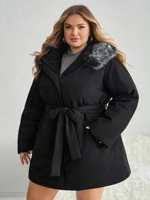 SHEIN CURVE+ 大码毛领连帽女士加厚收腰棉服外套秋冬装女士 - 黑色 - 查看 6