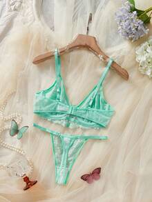 SHEIN Solid Color Lace Patchwork Sheer Supportive Daily Wear Women's Lingerie Set - Green - View 2