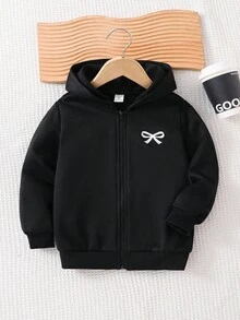年轻女孩休闲百搭舒适蝴蝶印花连帽拉链针织夹克秋冬女童服装 - 黑色 - 查看 1