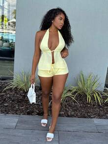 Alexandranx Set de 2 piezas de top halter y shorts para mujer, moda de verano - Amarillo - Ver 6