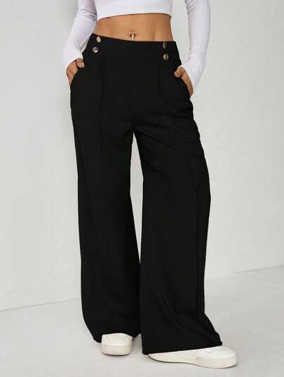 SHEIN PETITE Kadın Şık Çift Düğmeli Düz Ofis Pantolonu