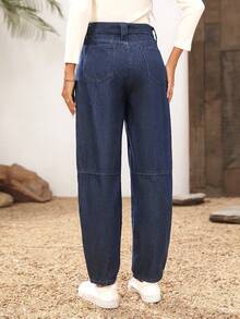 SHEIN LUNE Women's Solid Color Pocket Straight Leg Tie Waist Casual Jeans - Blue - View 2