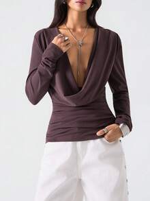 LYSMO 2025新款极简秋冬女式休闲翻领上衣/T恤/性感打底衫/女士优雅纯色垂褶领长袖T恤，秋季女装/秋季女装/万圣节服装/万圣节女装/万圣节衬衫/圣诞节女装/圣诞夜惊魂/派对上衣 - 咖啡棕 - 查看 4