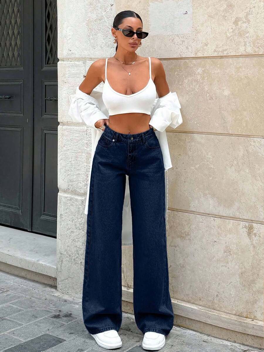 SHEIN Tall Quần jean ống rộng lưng thấp màu xanh nhạt cao 100% cotton - Rửa tối - Xem 1