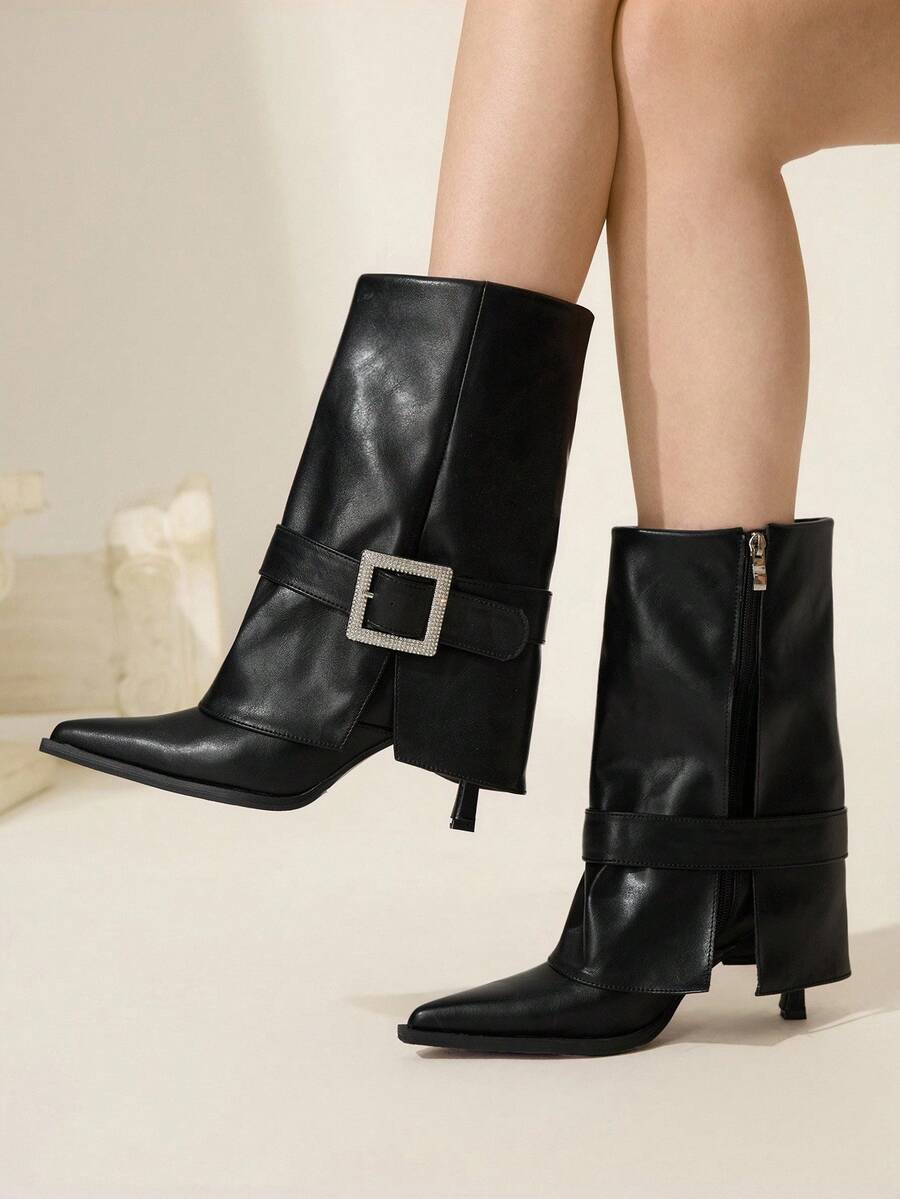 CUCCOO CHICEST 女士秋冬新品水晶扣尖头细高跟鞋优雅奢华通勤时尚前卫哥特式黑色仿皮中筒靴,适合下午茶、约会、时尚派对、职场、优雅装扮、酒吧、夜总会、街头风格、万圣节、圣诞节、感恩节、百搭基本款 - 黑色 - 查看 1